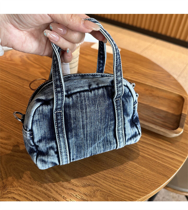 Vintage Washed Denim Mini Crossbody Bag - Small Tote with Horse Charm & Detachable Strap, Casual Shoulder Purse for Women