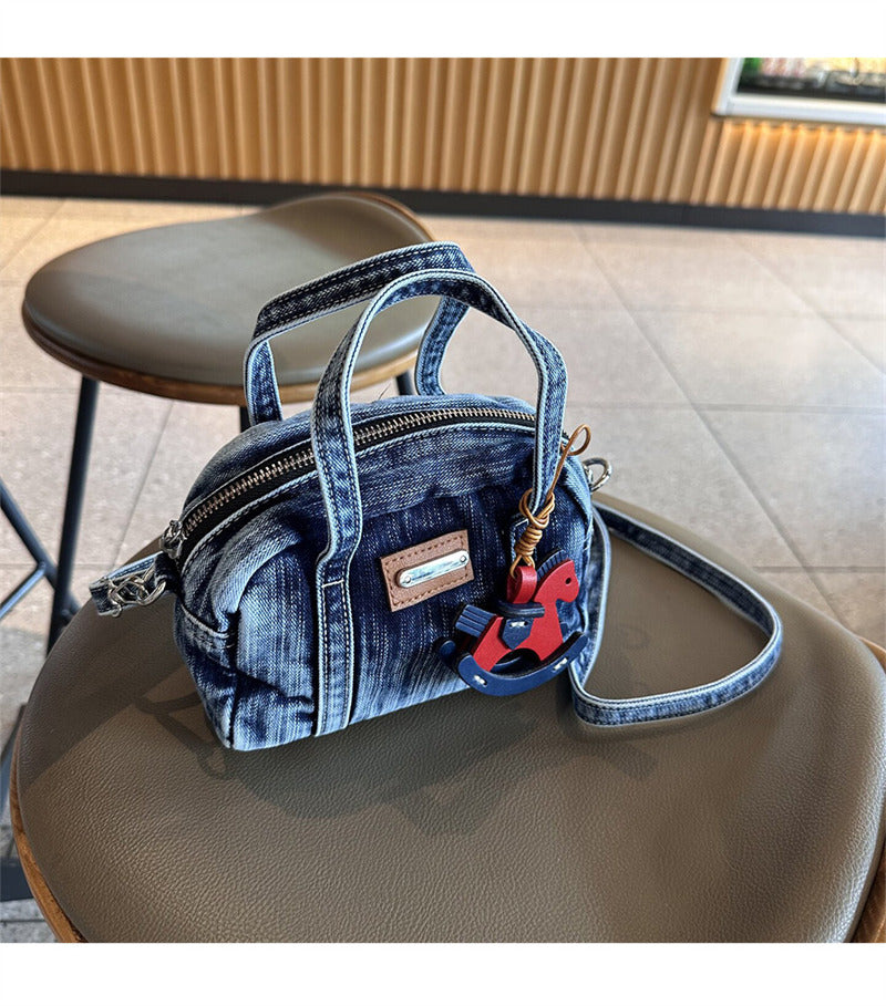 Vintage Washed Denim Mini Crossbody Bag - Small Tote with Horse Charm & Detachable Strap, Casual Shoulder Purse for Women