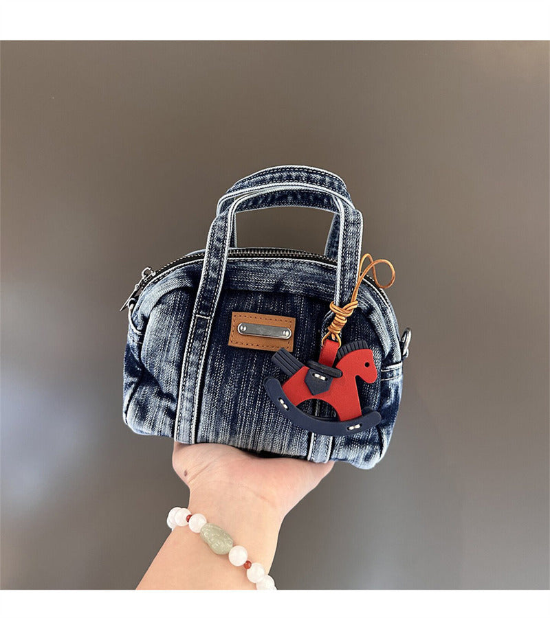 Vintage Washed Denim Mini Crossbody Bag - Small Tote with Horse Charm & Detachable Strap, Casual Shoulder Purse for Women