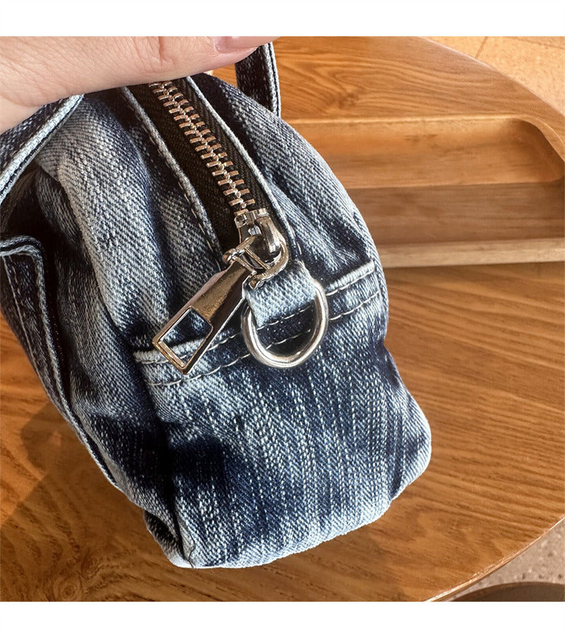 Vintage Washed Denim Mini Crossbody Bag - Small Tote with Horse Charm & Detachable Strap, Casual Shoulder Purse for Women
