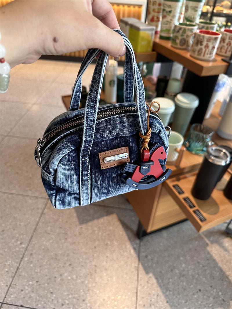 Vintage Washed Denim Mini Crossbody Bag - Small Tote with Horse Charm & Detachable Strap, Casual Shoulder Purse for Women