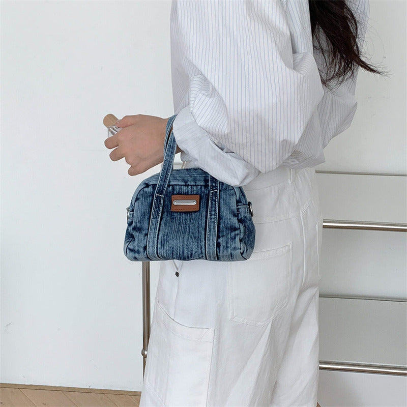 Vintage Washed Denim Mini Crossbody Bag - Small Tote with Horse Charm & Detachable Strap, Casual Shoulder Purse for Women