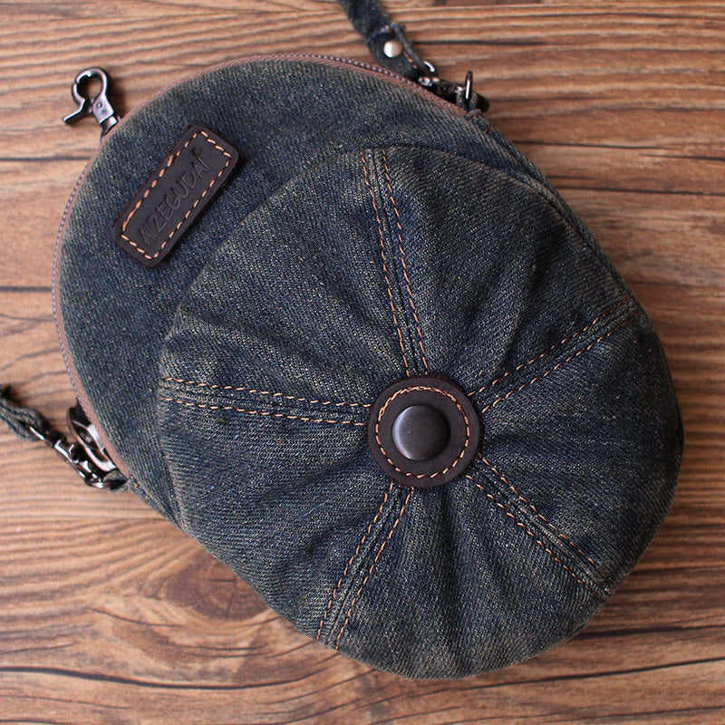 Vintage Washed Denim Mini Crossbody Bag, Cute Baseball Cap Shaped Small Zipper Purse, Detachable Adjustable Shoulder Strap
