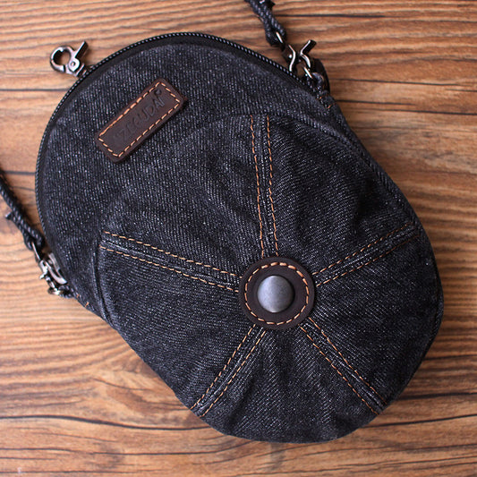 Vintage Washed Denim Mini Crossbody Bag, Cute Baseball Cap Shaped Small Zipper Purse, Detachable Adjustable Shoulder Strap