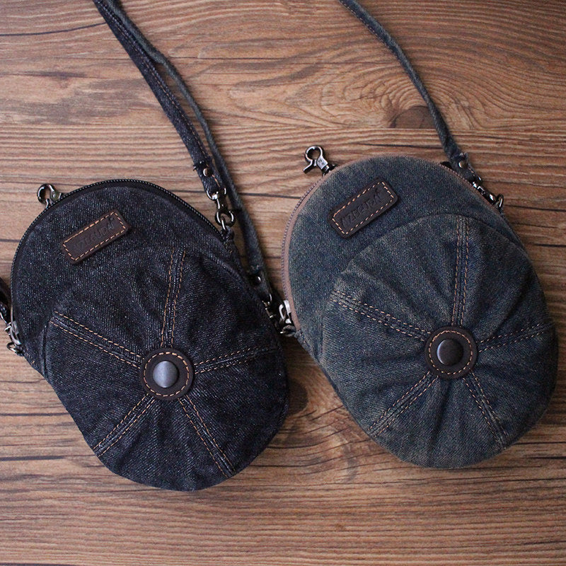 Vintage Washed Denim Mini Crossbody Bag, Cute Baseball Cap Shaped Small Zipper Purse, Detachable Adjustable Shoulder Strap