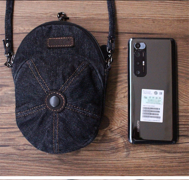 Vintage Washed Denim Mini Crossbody Bag, Cute Baseball Cap Shaped Small Zipper Purse, Detachable Adjustable Shoulder Strap