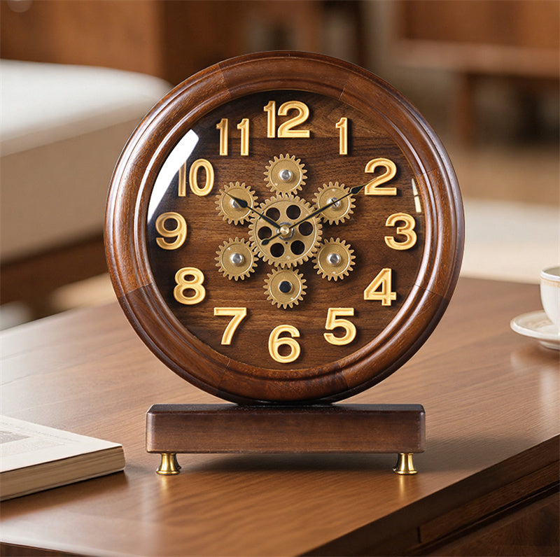 Vintage Wooden Table Clock with Visible Gears, Retro Mechanical - Style Desk Timepiece