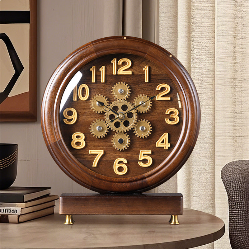 Vintage Wooden Table Clock with Visible Gears, Retro Mechanical - Style Desk Timepiece