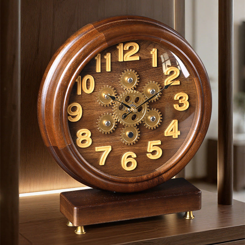 Vintage Wooden Table Clock with Visible Gears, Retro Mechanical - Style Desk Timepiece