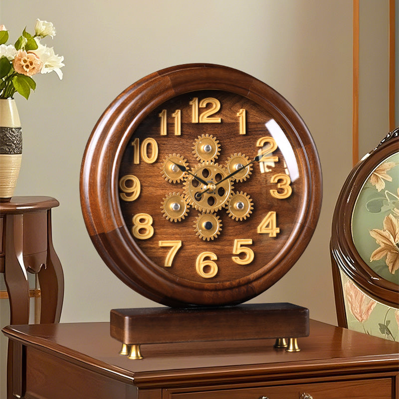 Vintage Wooden Table Clock with Visible Gears, Retro Mechanical - Style Desk Timepiece
