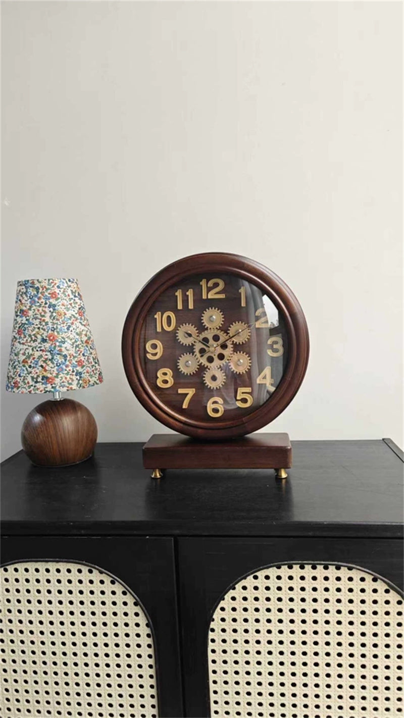 Vintage Wooden Table Clock with Visible Gears, Retro Mechanical - Style Desk Timepiece