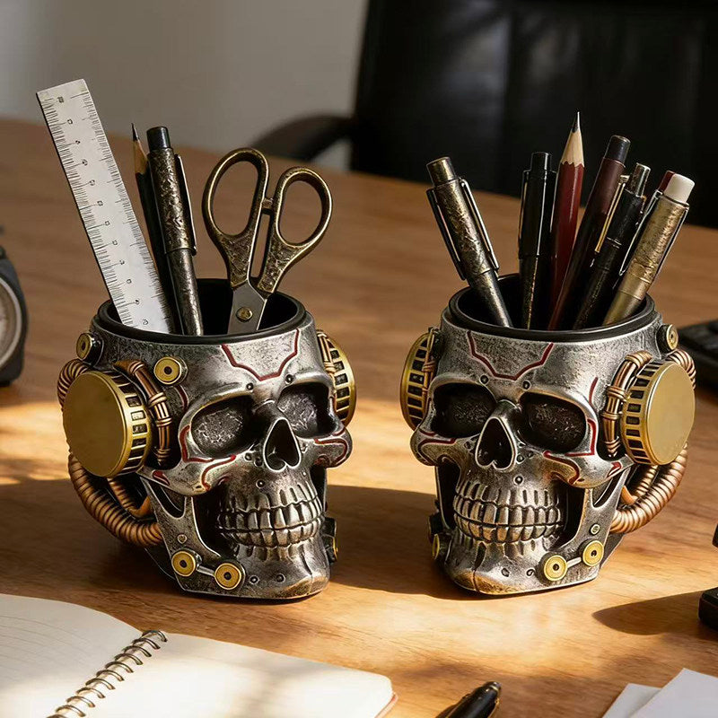Vinyl Steampunk Skull Pen Holder, Gothic Skull Desk Organizer, Office Home Decor Gift for Men