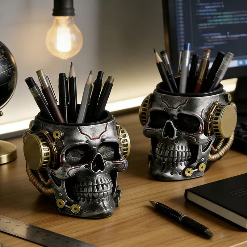 Vinyl Steampunk Skull Pen Holder, Gothic Skull Desk Organizer, Office Home Decor Gift for Men