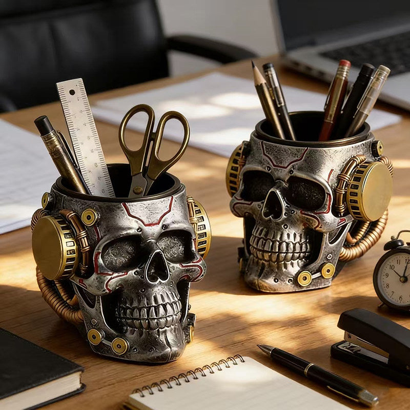 Vinyl Steampunk Skull Pen Holder, Gothic Skull Desk Organizer, Office Home Decor Gift for Men