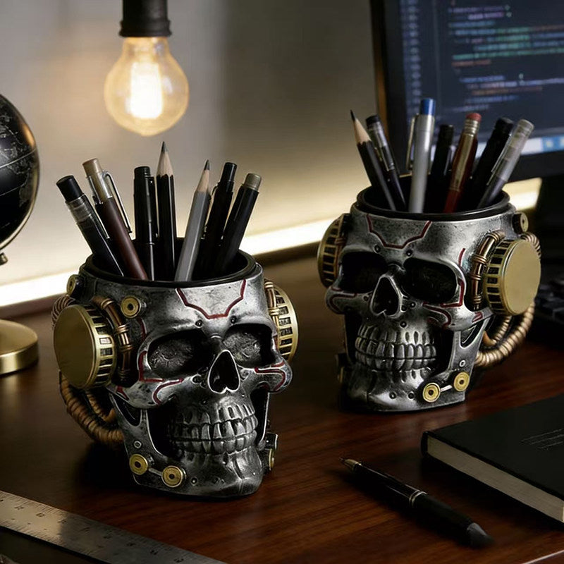 Vinyl Steampunk Skull Pen Holder, Gothic Skull Desk Organizer, Office Home Decor Gift for Men