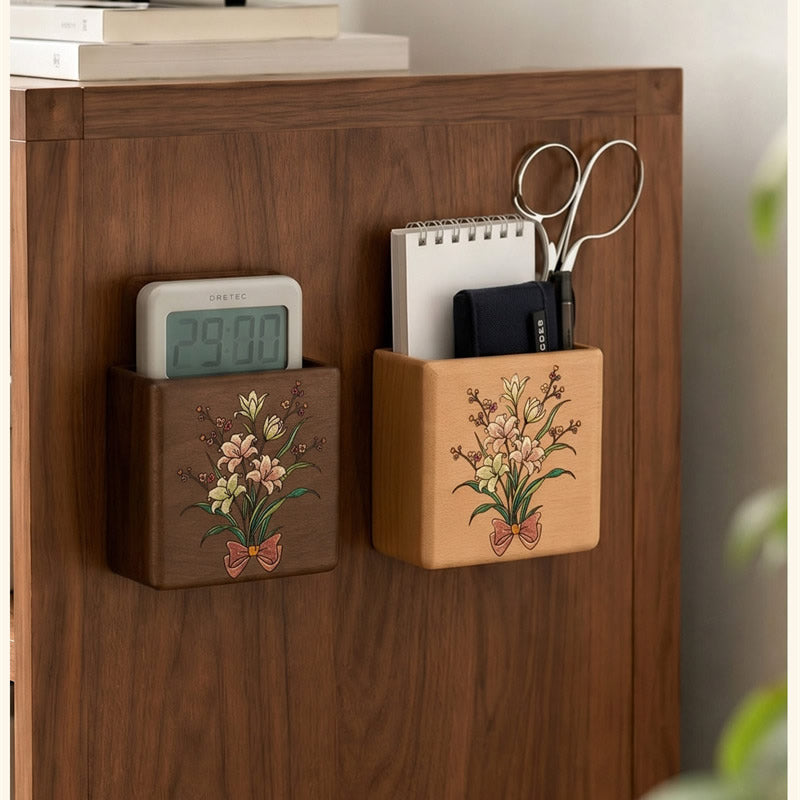 Wall‑Mount Wooden Storage Box, No Drill Adhesive Wall Caddy with Charging Hole, Organizer for Remote, Small Trinkets, Apartment‑Safe Wall Decor