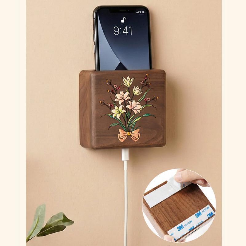 Wall‑Mount Wooden Storage Box, No Drill Adhesive Wall Caddy with Charging Hole, Organizer for Remote, Small Trinkets, Apartment‑Safe Wall Decor