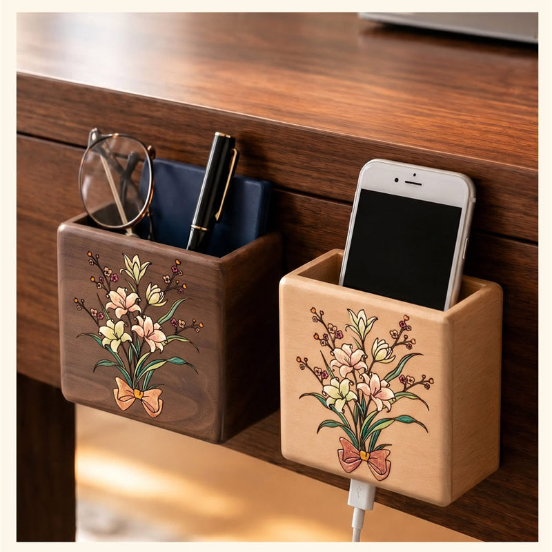 Wall‑Mount Wooden Storage Box, No Drill Adhesive Wall Caddy with Charging Hole, Organizer for Remote, Small Trinkets, Apartment‑Safe Wall Decor