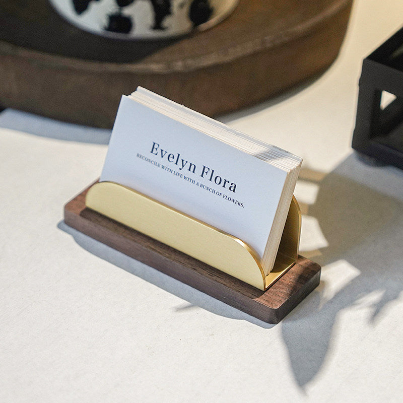 Walnut Solid Wood Brass Business Card Holder, Minimalist Desktop Name Card Display Stand, Office Reception Table Card Organizer