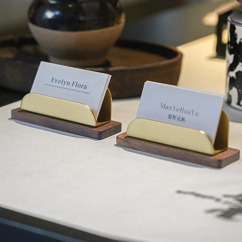 Walnut Solid Wood Brass Business Card Holder, Minimalist Desktop Name Card Display Stand, Office Reception Table Card Organizer