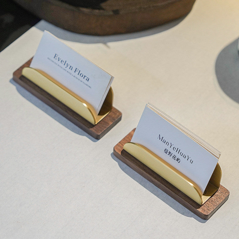 Walnut Solid Wood Brass Business Card Holder, Minimalist Desktop Name Card Display Stand, Office Reception Table Card Organizer
