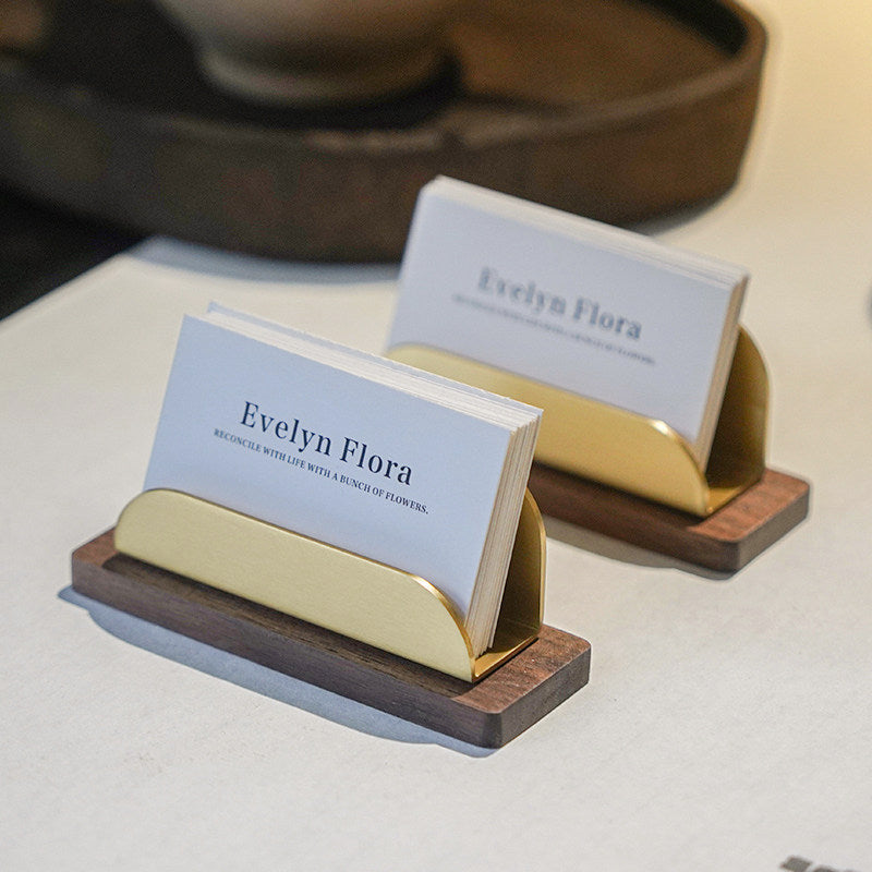 Walnut Solid Wood Brass Business Card Holder, Minimalist Desktop Name Card Display Stand, Office Reception Table Card Organizer