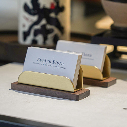 Walnut Solid Wood Brass Business Card Holder, Minimalist Desktop Name Card Display Stand, Office Reception Table Card Organizer