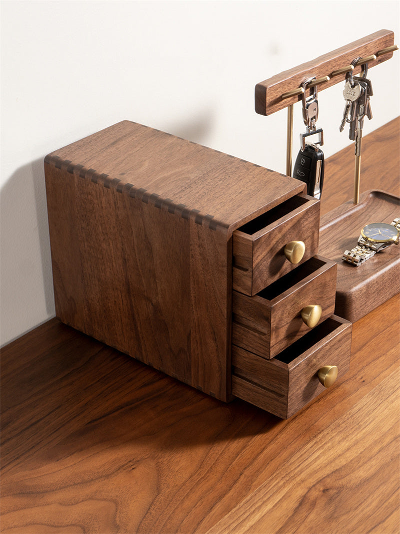 Walnut Wood 3-Drawer Storage Box – Elegant Wooden Organizer for Desk, Dresser & Nightstand