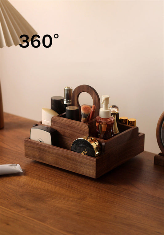 Walnut Wood 360° Rotating Multi-Compartment Makeup Organizer&Home Office Desktop Storage