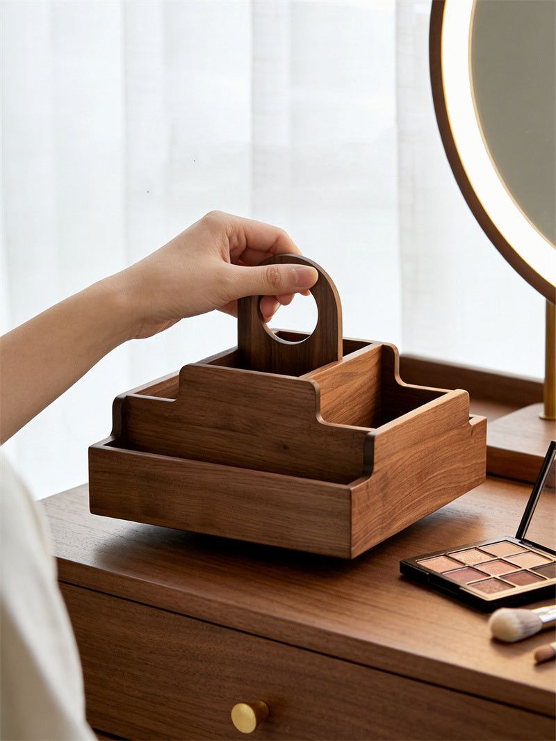 Walnut Wood 360° Rotating Multi-Compartment Makeup Organizer&Home Office Desktop Storage