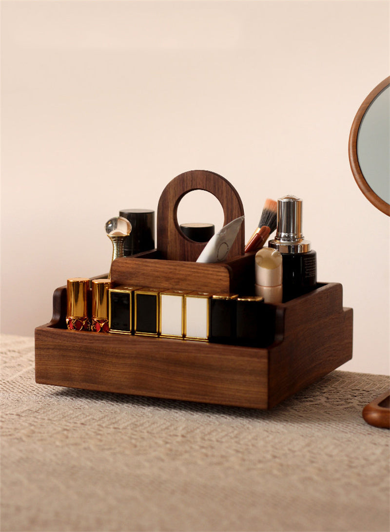 Walnut Wood 360° Rotating Multi-Compartment Makeup Organizer&Home Office Desktop Storage