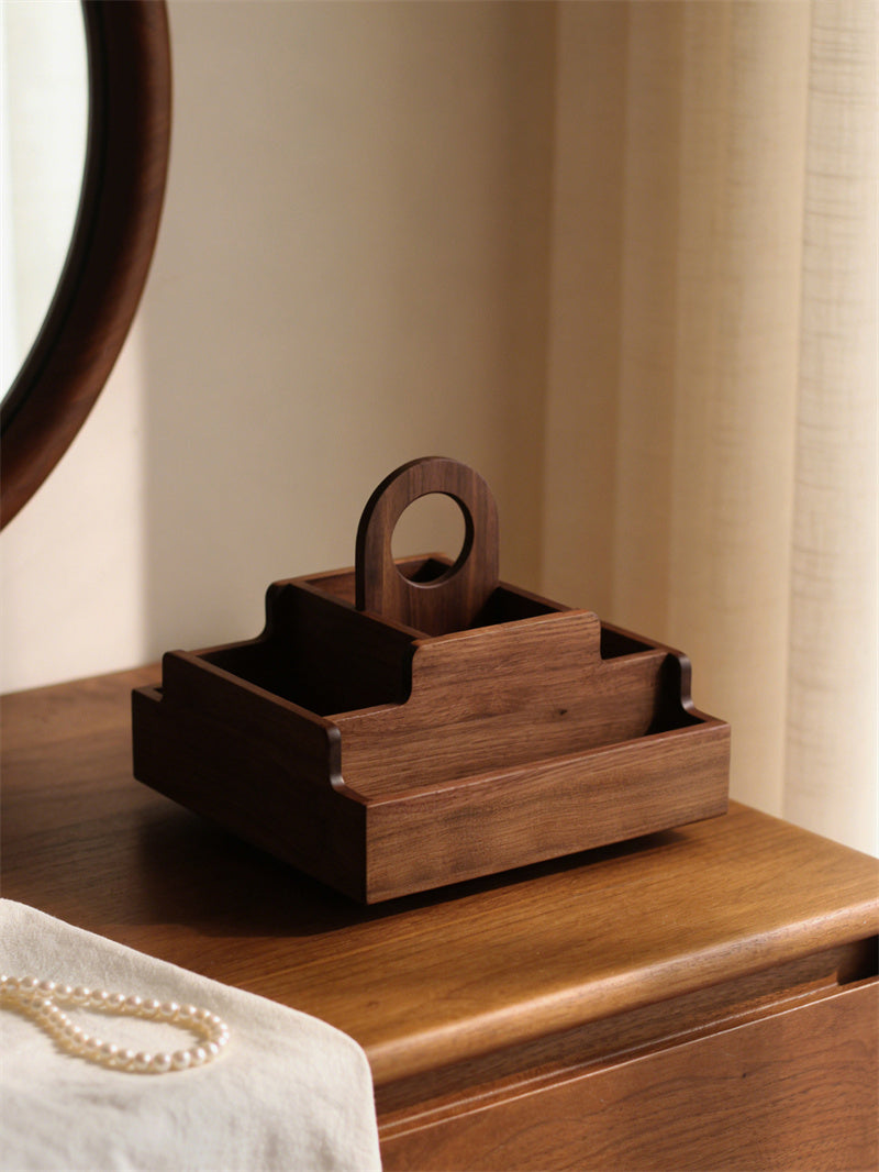 Walnut Wood 360° Rotating Multi-Compartment Makeup Organizer&Home Office Desktop Storage