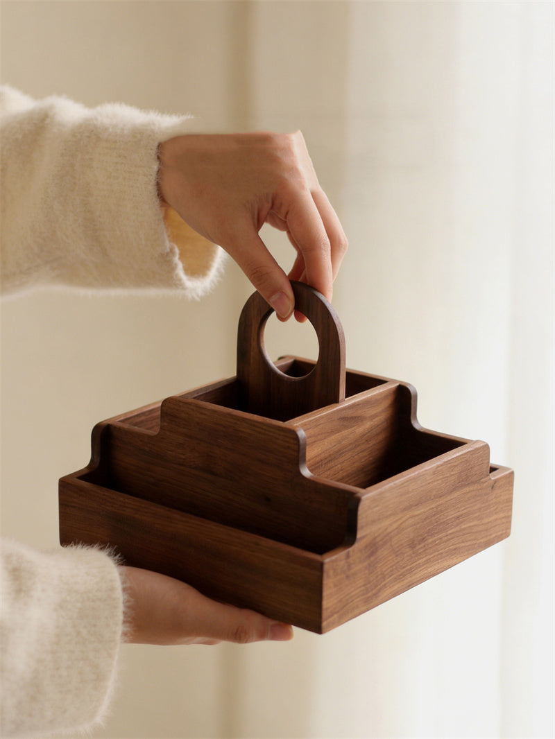 Walnut Wood 360° Rotating Multi-Compartment Makeup Organizer&Home Office Desktop Storage