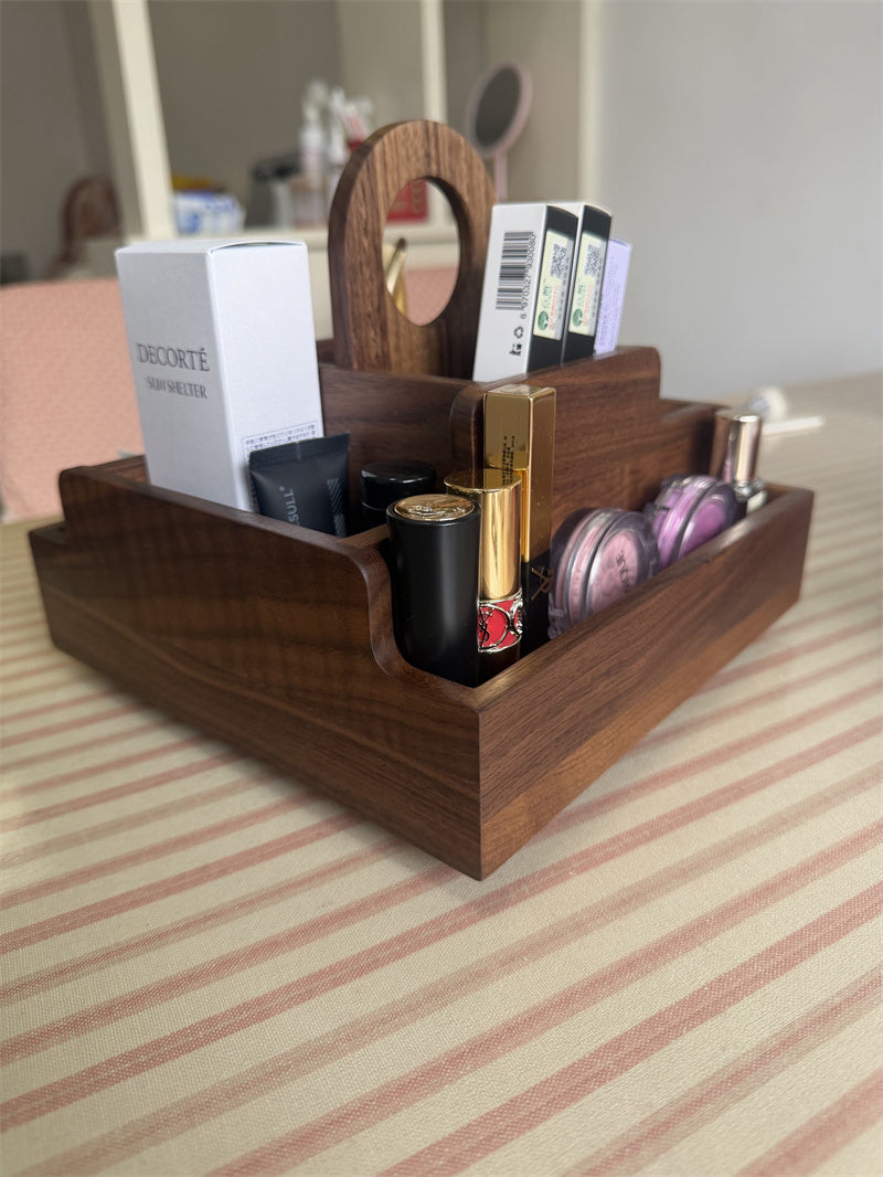 Walnut Wood 360° Rotating Multi-Compartment Makeup Organizer&Home Office Desktop Storage