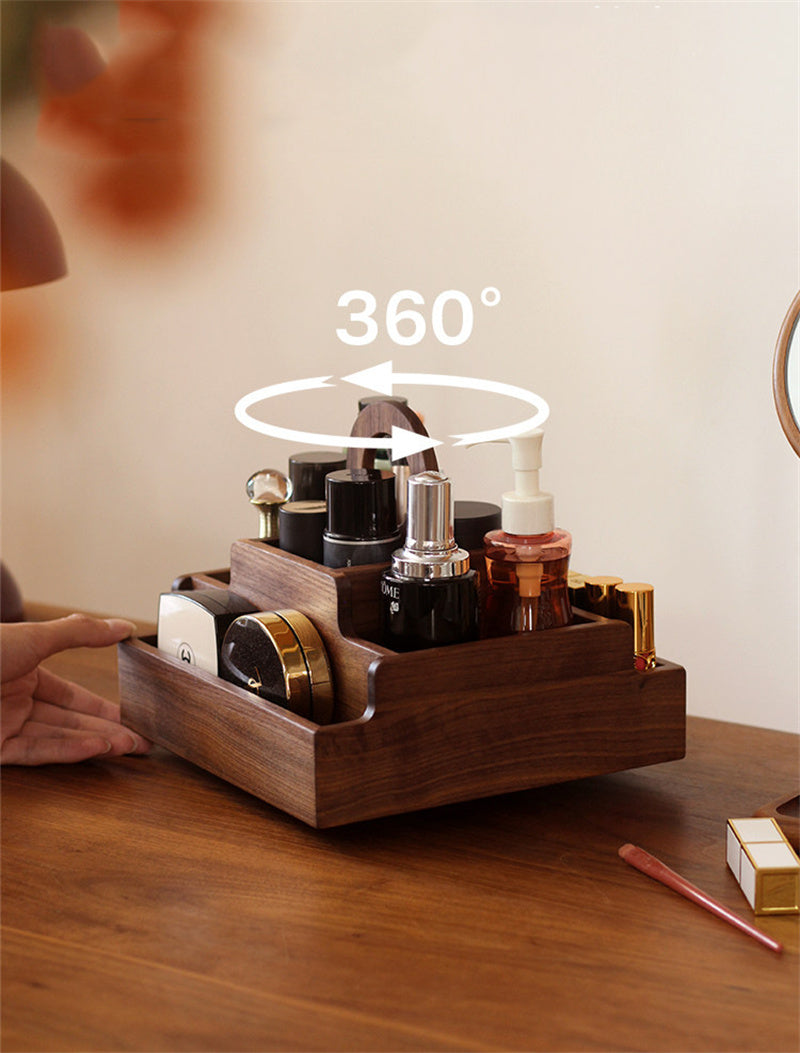 Walnut Wood 360° Rotating Multi-Compartment Makeup Organizer&Home Office Desktop Storage