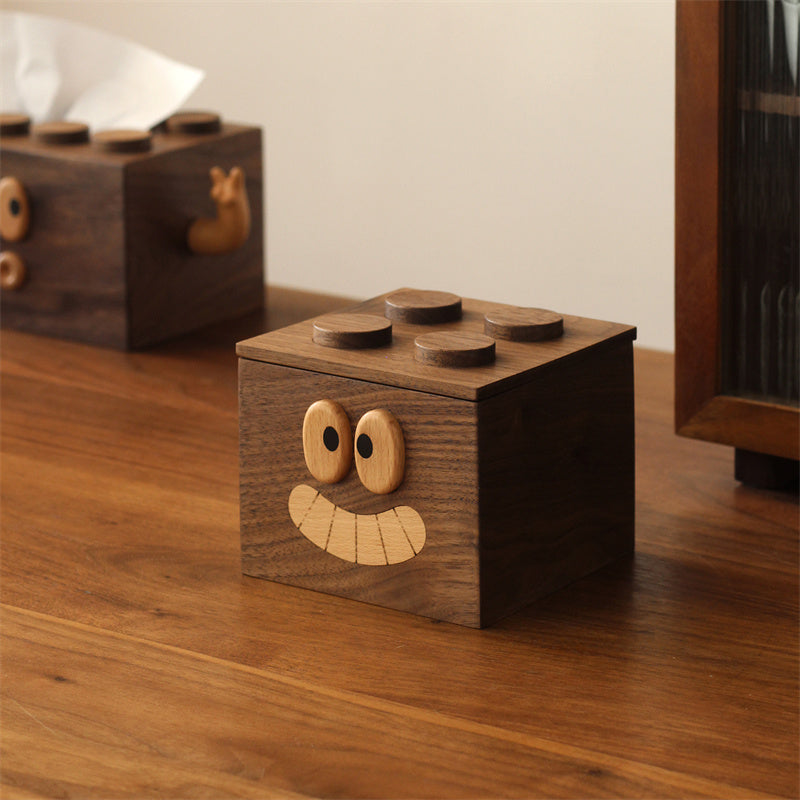 Walnut Wood Cute Face Storage Organizer - 4 Grids Cotton Swab Holder for Bathroom & Vanity