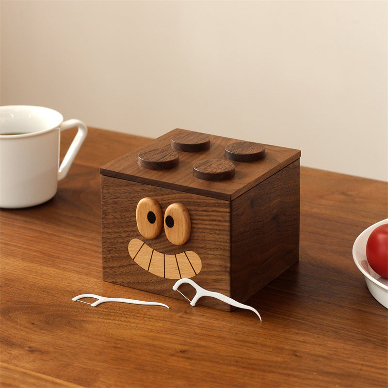 Walnut Wood Cute Face Storage Organizer - 4 Grids Cotton Swab Holder for Bathroom & Vanity