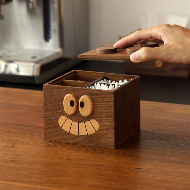 Walnut Wood Cute Face Storage Organizer - 4 Grids Cotton Swab Holder for Bathroom & Vanity
