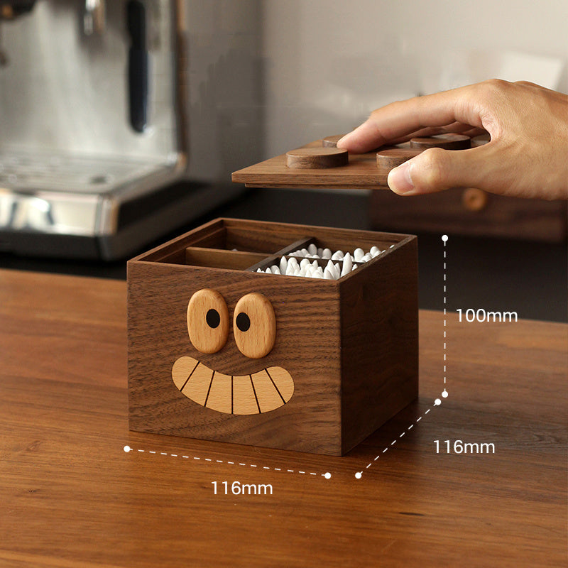 Walnut Wood Cute Face Storage Organizer - 4 Grids Cotton Swab Holder for Bathroom & Vanity