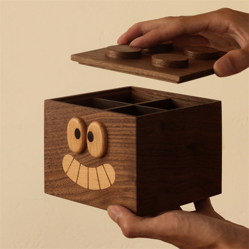 Walnut Wood Cute Face Storage Organizer - 4 Grids Cotton Swab Holder for Bathroom & Vanity