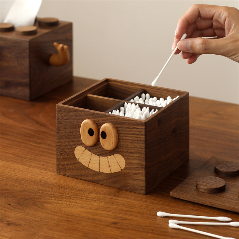 Walnut Wood Cute Face Storage Organizer - 4 Grids Cotton Swab Holder for Bathroom & Vanity