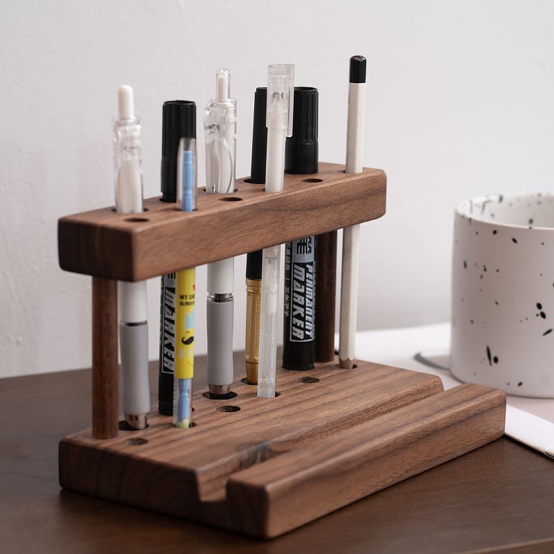 Walnut Wood Pen Holder&Phone Stand - Desk Organizer for Pens & Markers, Office & Home Storage