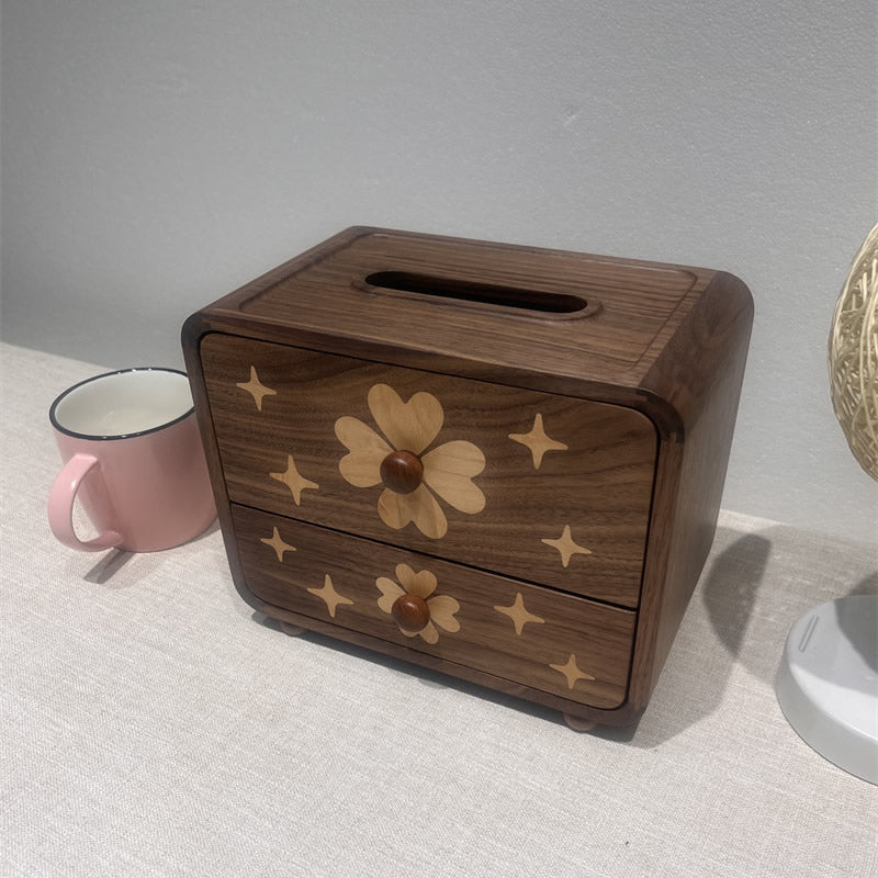 Walnut Wood Tissue Box Cover with Storage Drawer, Floral Star‑Inlaid Wooden Tissue Holder,for Home & Office Decor