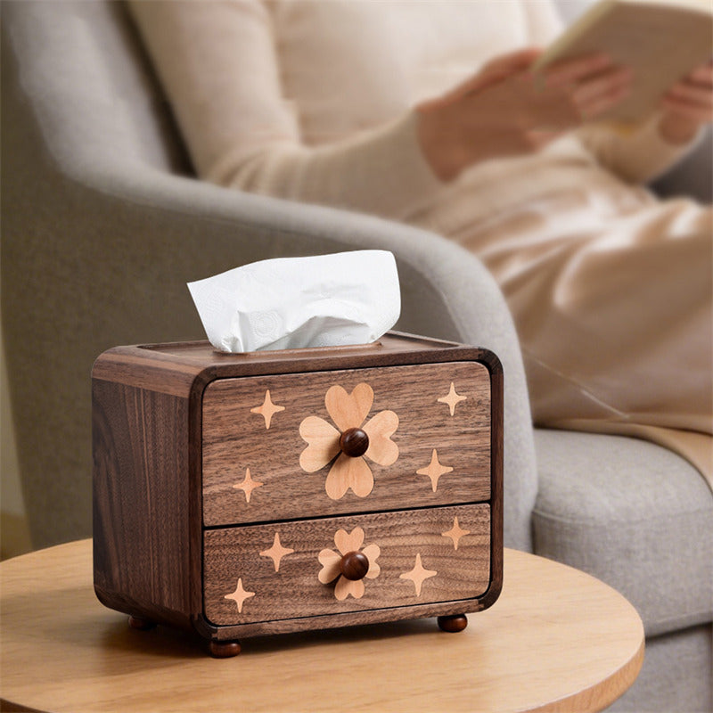 Walnut Wood Tissue Box Cover with Storage Drawer, Floral Star‑Inlaid Wooden Tissue Holder,for Home & Office Decor