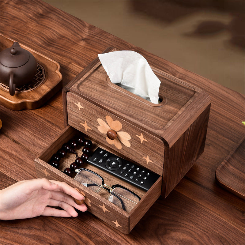 Walnut Wood Tissue Box Cover with Storage Drawer, Floral Star‑Inlaid Wooden Tissue Holder,for Home & Office Decor