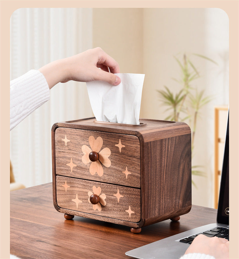 Walnut Wood Tissue Box Cover with Storage Drawer, Floral Star‑Inlaid Wooden Tissue Holder,for Home & Office Decor