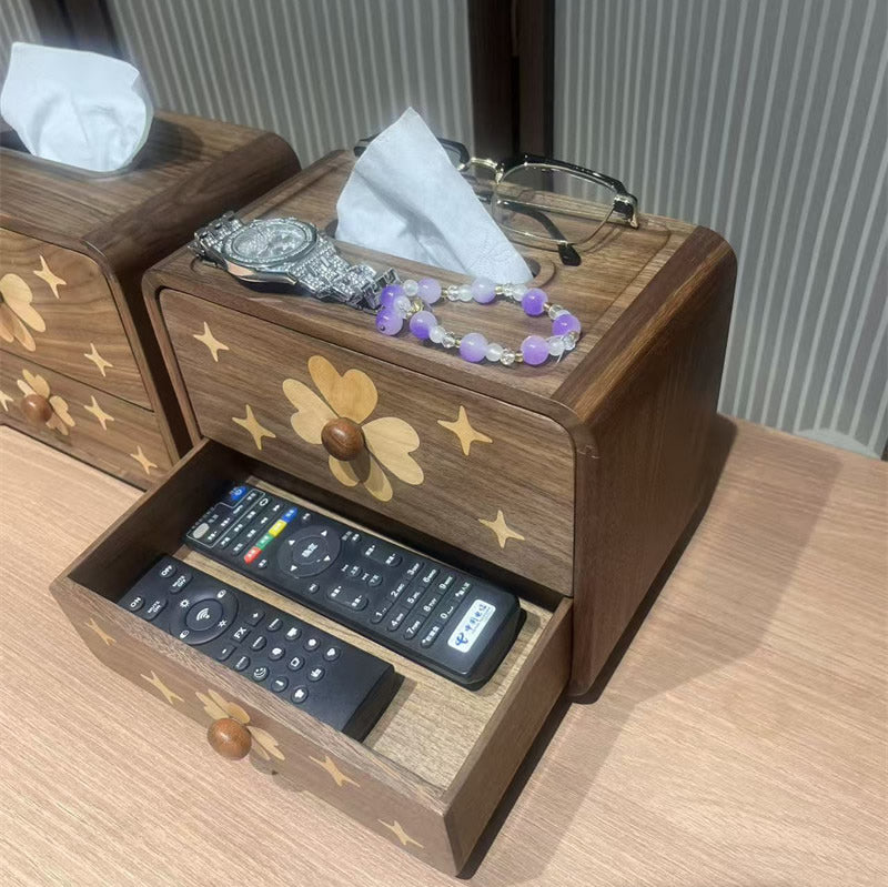 Walnut Wood Tissue Box Cover with Storage Drawer, Floral Star‑Inlaid Wooden Tissue Holder,for Home & Office Decor