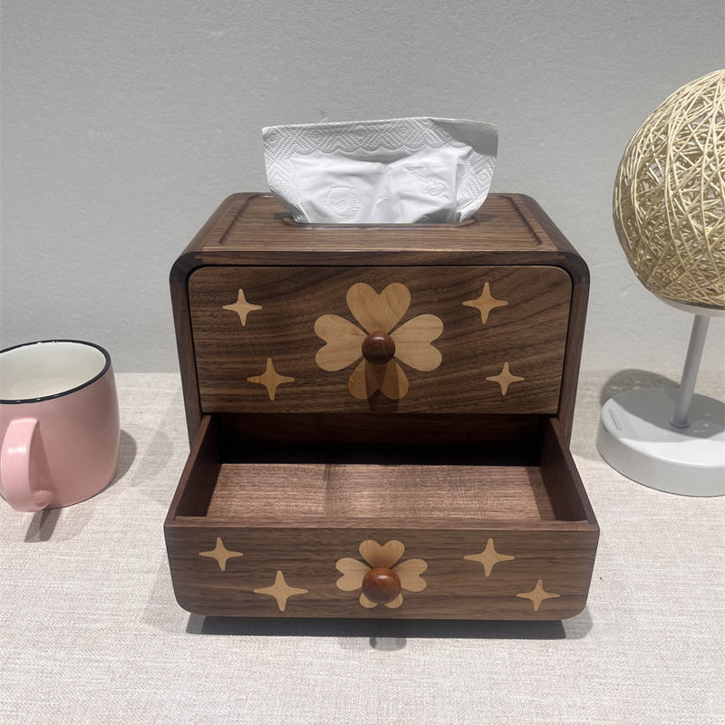 Walnut Wood Tissue Box Cover with Storage Drawer, Floral Star‑Inlaid Wooden Tissue Holder,for Home & Office Decor
