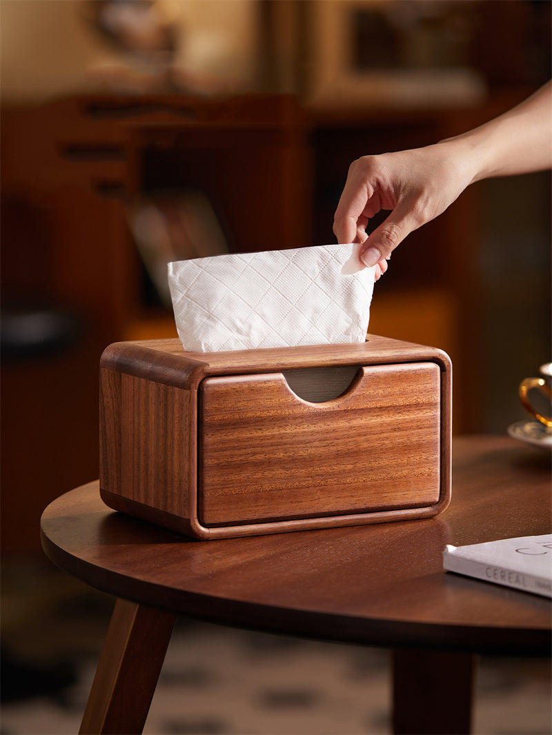 Walnut Wood Tissue Box - Minimalist Solid Wood Desktop Drawer-style Tissue Holder