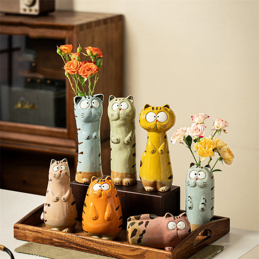 Whimsical Cat Ceramic Vase, Hand‑Painted Cute Kitty Flower Vase, Decorative Animal‑Shaped Small Bud Vase
